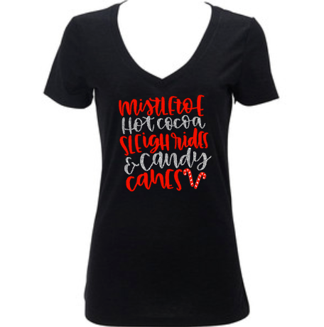 Women’s Christmas Shirt, Mistletoe Hot Cocoa Sleigh Rides & Candy Canes