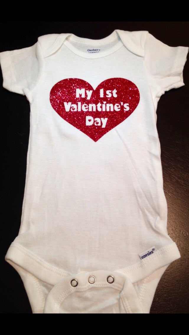 My First Valentines Day Baby Onesie, Glitter Heart, Baby Girls 1st