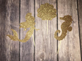 Glitter Gold 12pc Set, Nautical Party Decor, Mermaid Seashells & Seahorse, Cupcake Toppers