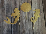 Glitter Gold 12pc Set, Nautical Party Decor, Mermaid Seashells & Seahorse, Cupcake Toppers