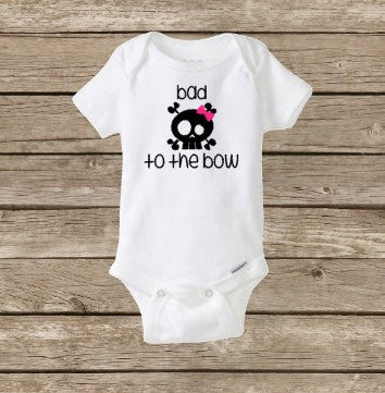 Girls Halloween Baby Onesie, Bad To The Bow Bone, Girl Skull, Rockabilly