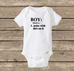 BOY Onesie, Boy Definition A Noise With Dirt On It, Funny Baby Onesie, Baby Shower Gift, Boy Shirt