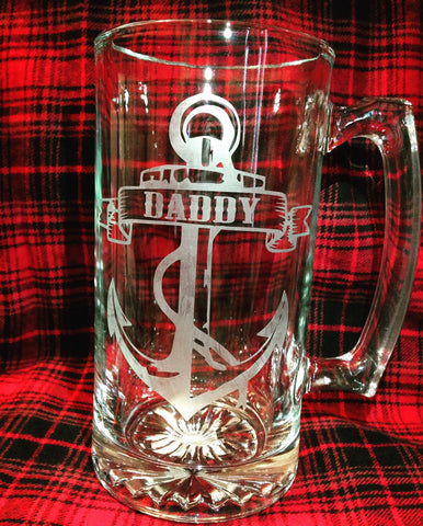 Daddy Beer Mug Etched, Anchor Nautical Captain Oversized Large Beer Stein, Dad Father Beer Mug