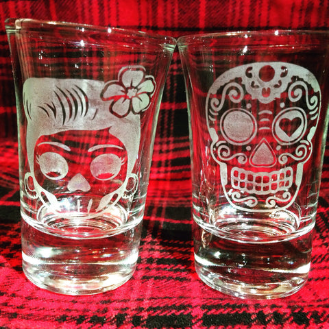 Halloween Sugar Skulls Shot Glasses, Dia De Los Muertos, Day of the Dead