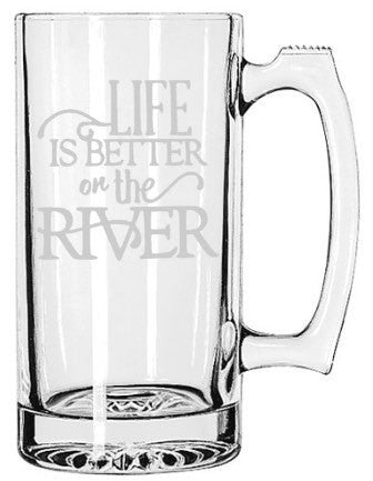 Life Is Better On The River Mug | Beer Mug | Etched Cup | Drinkware Pilsner Stein | Large Beer Mug