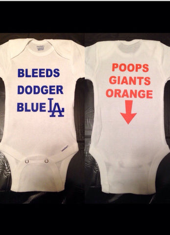 LA Dodgers Onesie, Bleeds Dodger Blue, Poops Giants Orange, Kids Baseball Shirt