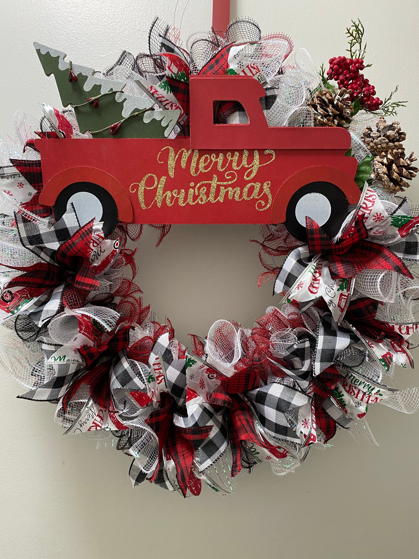 Merry Christmas Old Fashioned Red Truck Handmade Wreath